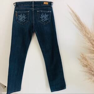 PAIGE Hollywood Hills Straight Leg Low Rise Embroidered Pocket Blue Jeans 26